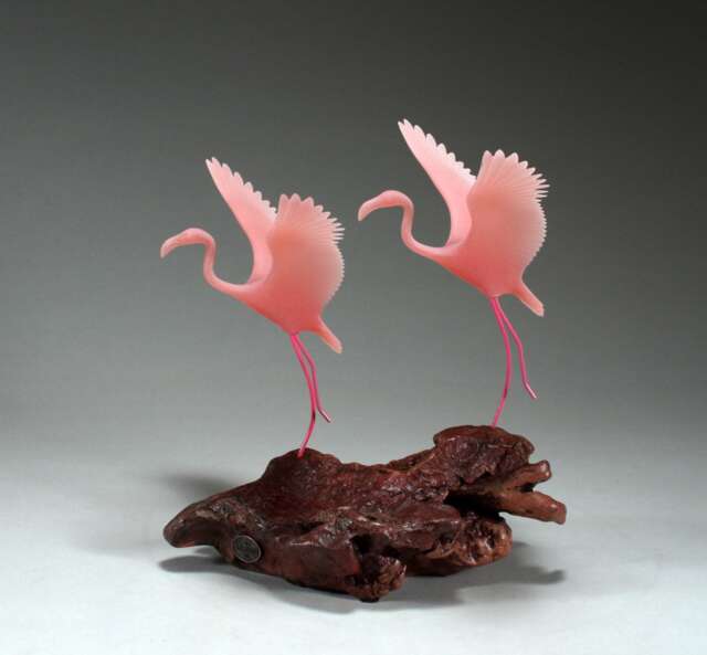 Flamingo Sculpture Duo By John Perry 10In Tall Flying On Burlwood - image 1