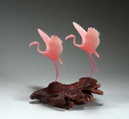 Flamingo Sculpture Duo By John Perry 10In Tall Flying On Burlwood - thumbnail 1