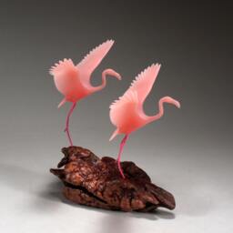 Flamingo Sculpture Duo By John Perry 10In Tall Flying On Burlwood - thumbnail 4