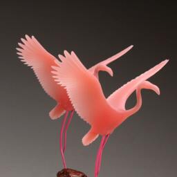 Flamingo Sculpture Duo By John Perry 10In Tall Flying On Burlwood - thumbnail 3