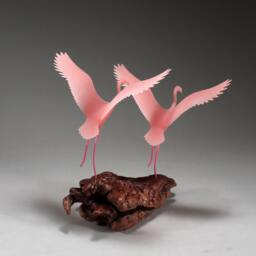 Flamingo Sculpture Duo By John Perry 10In Tall Flying On Burlwood - thumbnail 2