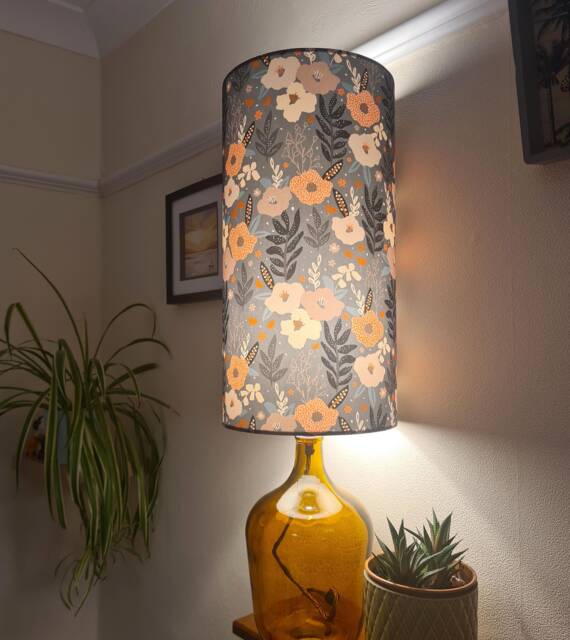 Extra Tall Grey & Coral Poppies Drum Lampshade in Cotton, 50cm Height - image 1
