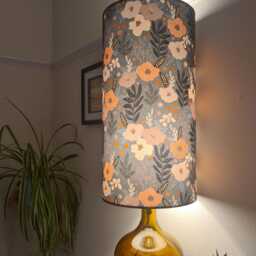 Extra Tall Grey & Coral Poppies Drum Lampshade in Cotton, 50cm Height - thumbnail 2