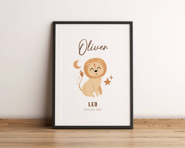 Custom Name Leo Print - Zodiac For Nursery Personalised Baby Star Sign Wall Decor Room New Gift Unframed - image 1