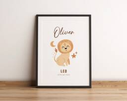 Custom Name Leo Print - Zodiac For Nursery Personalised Baby Star Sign Wall Decor Room New Gift Unframed - thumbnail 1