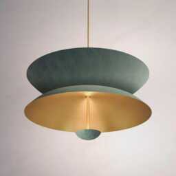 1950's Mid Century 5 Light Celling Raw Brass Flush Mount Fixture Pendant Matt Green Duo Regolith Modern Chandelier - thumbnail 2