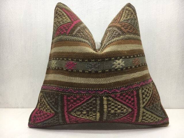Vintage Handwoven Kilim Pillow Cover, Bohemian Throw - 16x16 Inch - image 1