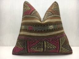 Vintage Handwoven Kilim Pillow Cover, Bohemian Throw - 16x16 Inch - thumbnail 1