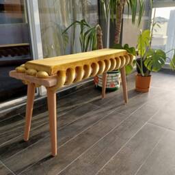 Rustic Bench, Mustard Yellow Cross Wavy Velvet Fabric Wooden Bench, Bench, Double Seat Bench, Livingroom Bedroom Woven Design Bench - thumbnail 2
