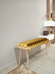 Rustic Bench, Mustard Yellow Cross Wavy Velvet Fabric Wooden Bench, Bench, Double Seat Bench, Livingroom Bedroom Woven Design Bench - thumbnail 1