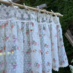 Handmade Floral Print Sheer Chiffon Curtain Valance - Tie Top Style With Embroidered Trim - thumbnail 3