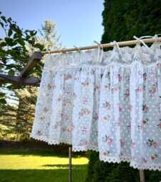 Handmade Floral Print Sheer Chiffon Curtain Valance - Tie Top Style With Embroidered Trim - thumbnail 1