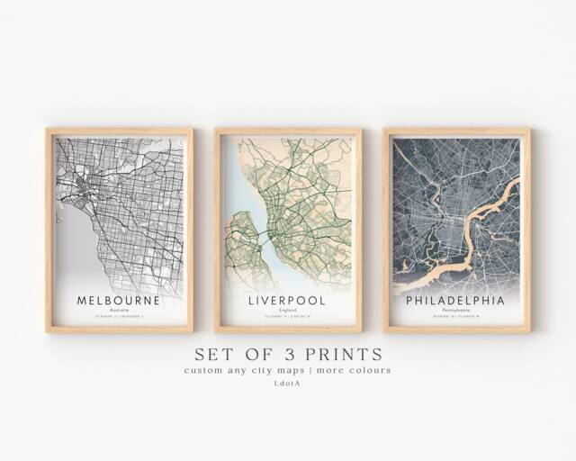 Set Of 3 Custom Maps, City Map Prints, Print, Any Location, Personalized Poster Wall Art, Gift - image 1
