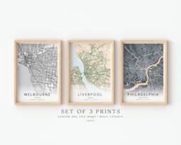 Set Of 3 Custom Maps, City Map Prints, Print, Any Location, Personalized Poster Wall Art, Gift - thumbnail 1