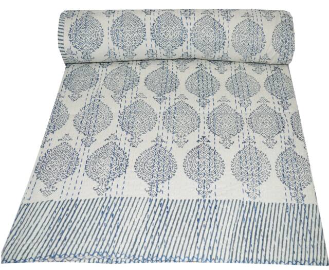 Hand Block Printed Kantha Quilt Cotton Bedspread Queen Size Coverlet Blanket Throw - image 1