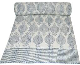 Hand Block Printed Kantha Quilt Cotton Bedspread Queen Size Coverlet Blanket Throw - thumbnail 1
