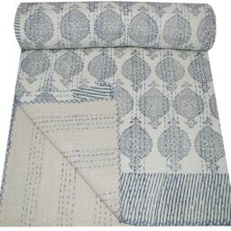 Hand Block Printed Kantha Quilt Cotton Bedspread Queen Size Coverlet Blanket Throw - thumbnail 2