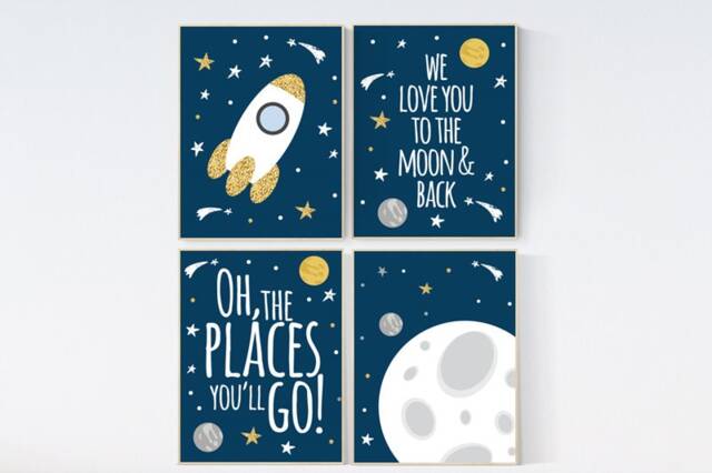 Space Nursery Decor Planets, Moon, Rocket Art Print - image 1