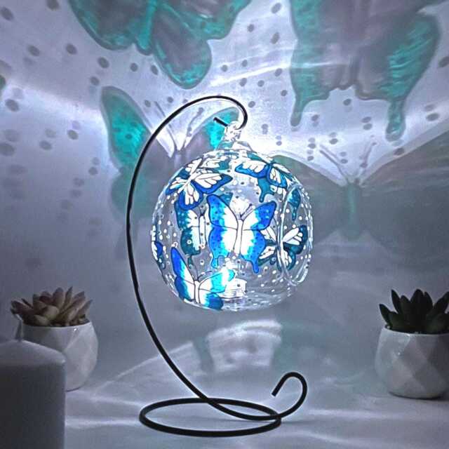 Hand Painted Butterfly Glass Ornament Candle Holder With Stand - image 1