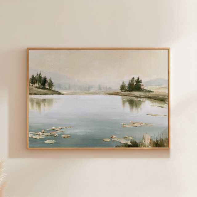 Misty Pond Landscape Poster, Water Lily Paper Wall Art - image 1