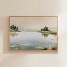 Misty Pond Landscape Poster, Water Lily Paper Wall Art - thumbnail 1