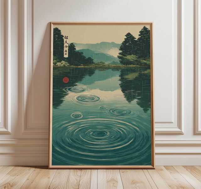 Lotus Pond Poster, Japanese Style Art Print, Green Rainfall Wall - image 1
