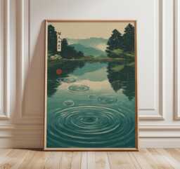 Lotus Pond Poster, Japanese Style Art Print, Green Rainfall Wall - thumbnail 1