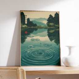 Lotus Pond Poster, Japanese Style Art Print, Green Rainfall Wall - thumbnail 2