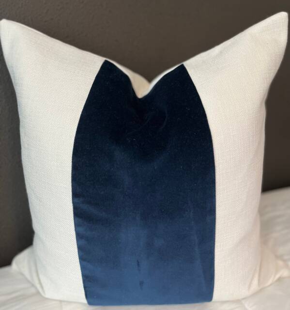 Classic Midnight Blue Velvet Panel With Oatmeal Linen Pillow Cover - image 1