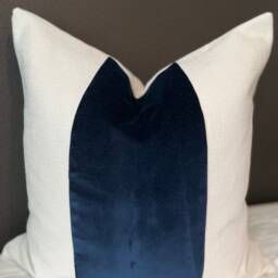 Classic Midnight Blue Velvet Panel With Oatmeal Linen Pillow Cover - thumbnail 3