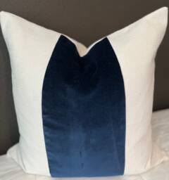 Classic Midnight Blue Velvet Panel With Oatmeal Linen Pillow Cover - thumbnail 1