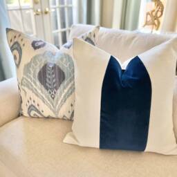 Classic Midnight Blue Velvet Panel With Oatmeal Linen Pillow Cover - thumbnail 2