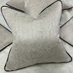 Cream Gold Herringbone Cushion Cover Luxury Textured Pillow Case With Black Velvet Piping - thumbnail 1