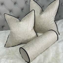 Cream Gold Herringbone Cushion Cover Luxury Textured Pillow Case With Black Velvet Piping - thumbnail 2