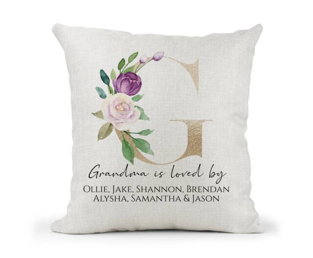 Personalised Grandma Cushion Loved By Grandchildren's Names Gold Purple Floral Birthday Gift/ 50Th 60Th 70Th 80Th 90Th, Christmas - image 1