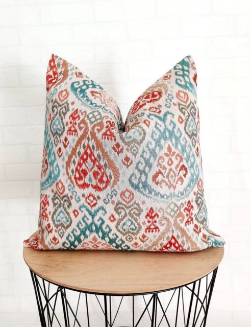 Colourful Ikat Pillow Cover Turquoise Coral Burnt Orange Cushion - image 1