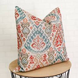 Colourful Ikat Pillow Cover Turquoise Coral Burnt Orange Cushion - thumbnail 2