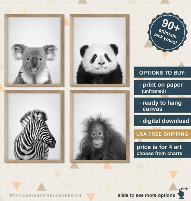 Black & White Animal Nursery Prints, Baby Decor Animal, Kids Decor, Heads, Wall Art Animals Canvas - image 1