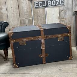 Black Millerain & Leather Trimmed English Handmade Coffee Table Trunk Storage Interior Design Luggage - thumbnail 2