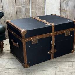 Black Millerain & Leather Trimmed English Handmade Coffee Table Trunk Storage Interior Design Luggage - thumbnail 3