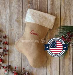 Personalized Burlap Christmas Stocking With Sequin Cuff & Name Embroidered - thumbnail 1