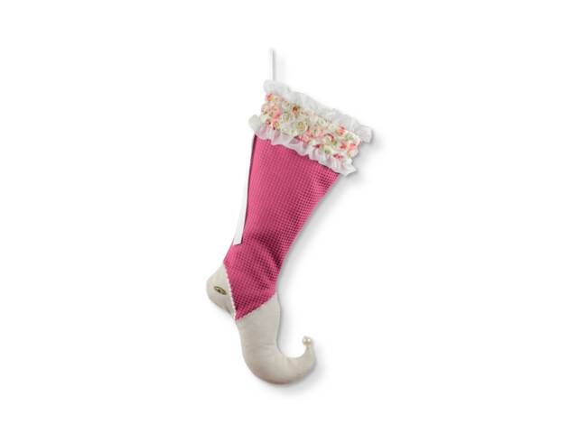 Pink Christmas Stocking With Floral Ruffle Cuff, Elf Toe Holiday Decor - image 1