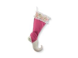Pink Christmas Stocking With Floral Ruffle Cuff, Elf Toe Holiday Decor - thumbnail 1