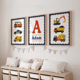 Construction Prints Kids - Set Of 3 Vehicle Nursery Wall Art, Boys Digger Bedroom Posters - thumbnail 1