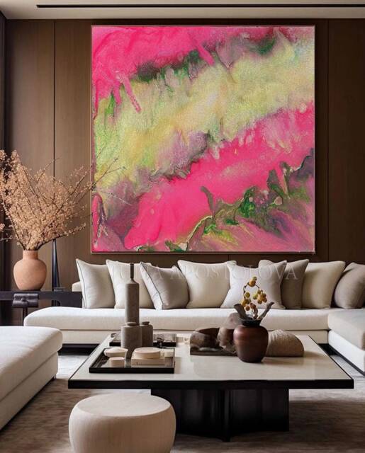 50'', Pink Abstract Art, Home Decor, Gold Green, Large & Print Painting - image 1