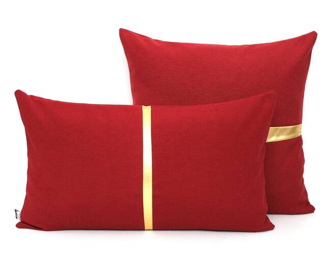 Maroon Red Pillow Cover Metallic Gold Stripe, Colorblock Design - image 1