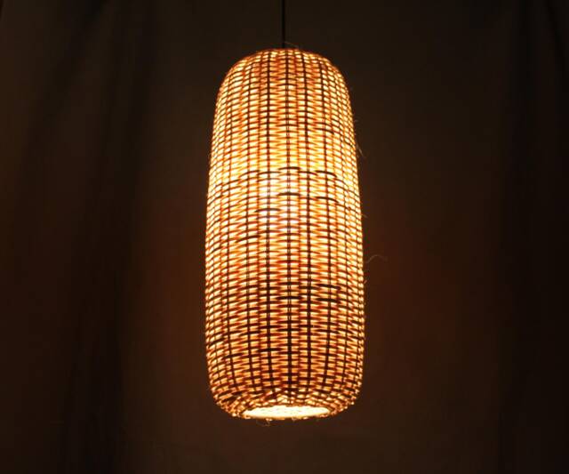 Tall Cylindrical Shape Rattan Pendant Light, Decorative Ceiling Lighting, Lampshade Height 20'' - image 1