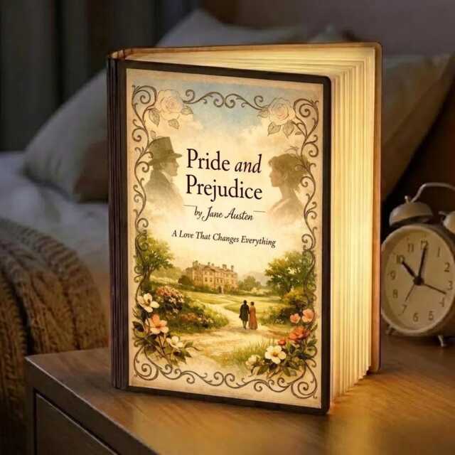 Pride & Prejudice Book Lamp, Romantic Literary Wooden Led Light, Jane Austen Night Gift For Her - image 1