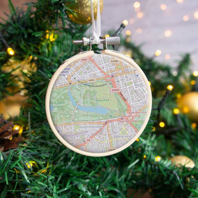 Christmas Tree Bauble Decoration With Special Location Map. Hanging Xmas Ornament Dec Embroidery Hoop Custom Map Printed - image 1