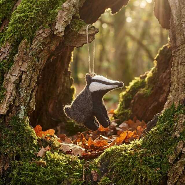 Bertie Badger - Needle Felt Hanging Decoration Countryside Eco Friendly Handmade Fair Trade Woodland Christmas - image 1
